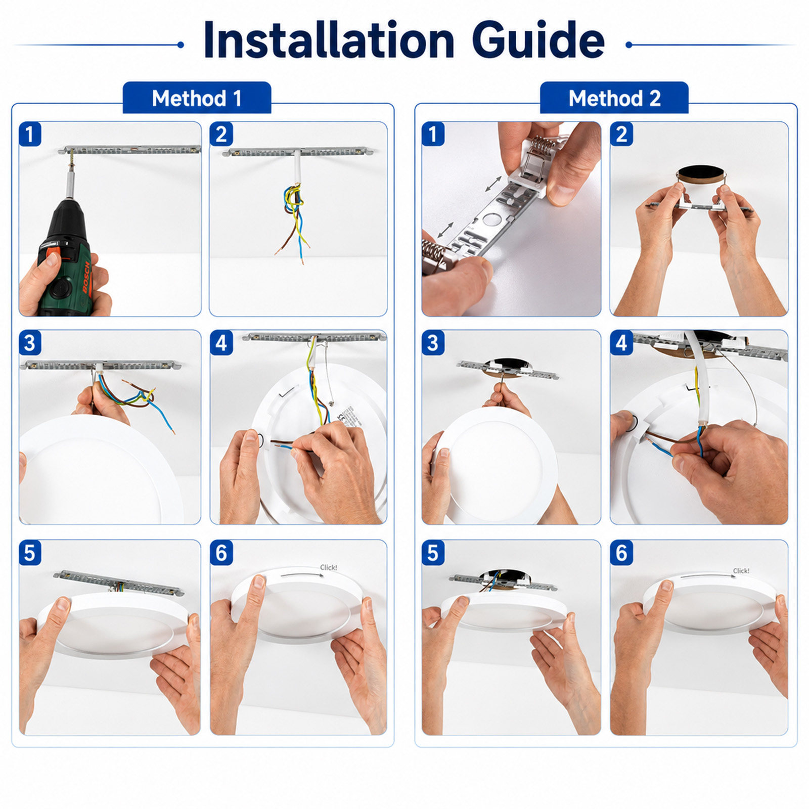 Diagrama de guía de instalación que muestra dos métodos para montar una luz LED redonda.