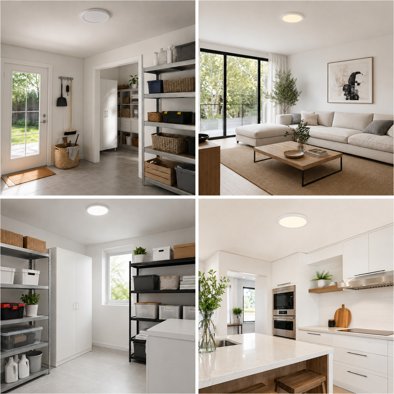 Cuatro imágenes muestran habitaciones: un pasillo luminoso, una sala acogedora, una despensa y una cocina moderna.