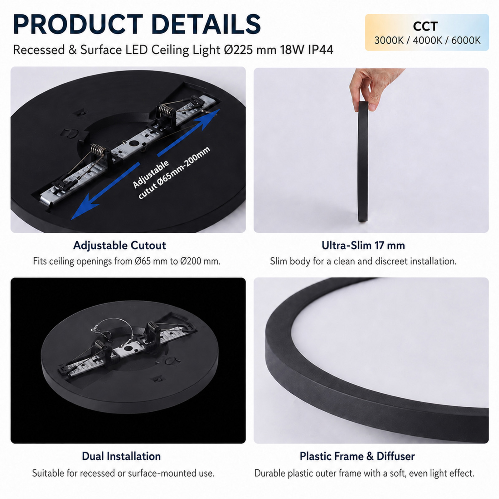 Detalles del producto para una lámpara de techo LED negra con corte ajustable, diseño delgado y marco de plástico.