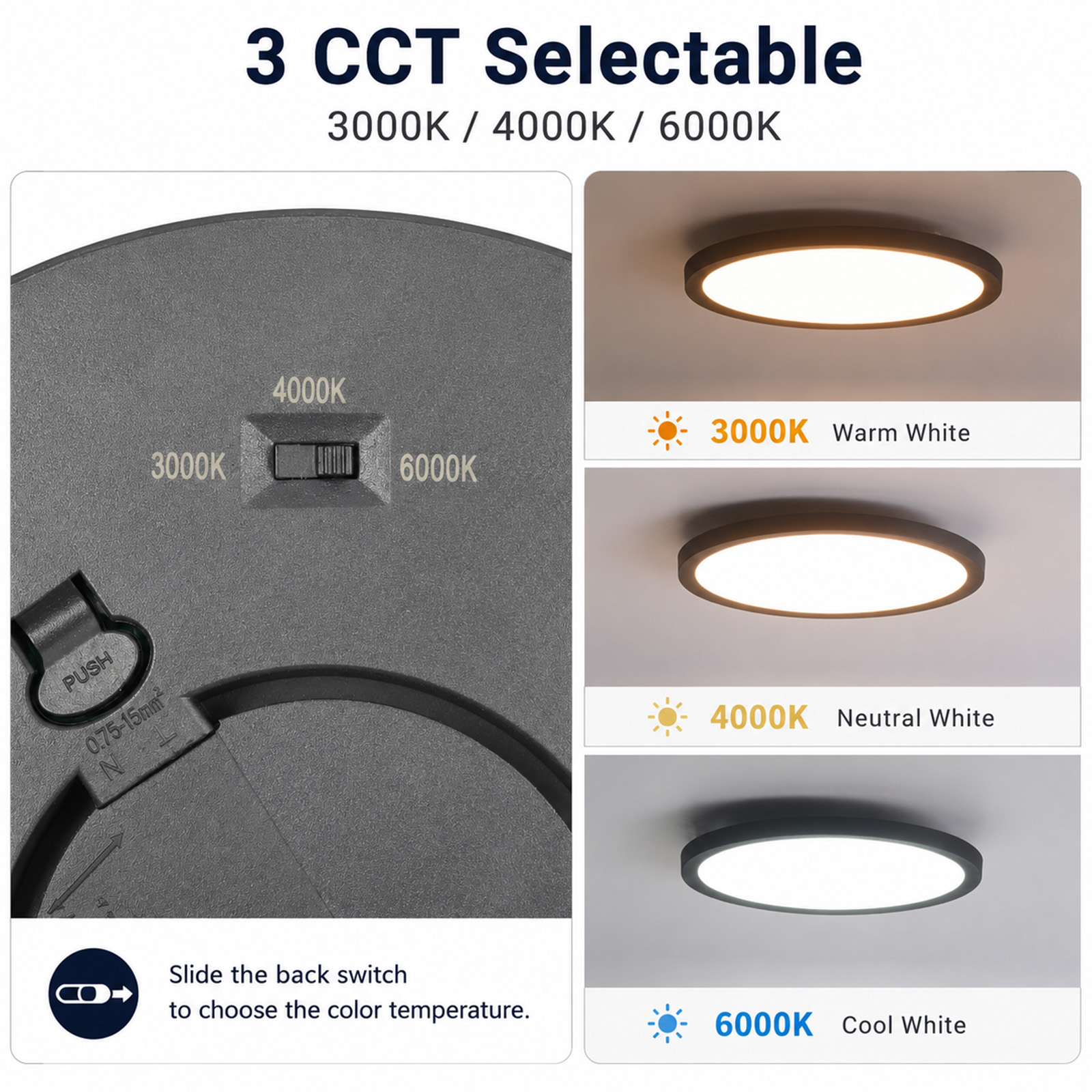 Luz de techo LED que muestra la selección de temperatura de color de 3000K, 4000K y 6000K mediante un interruptor.