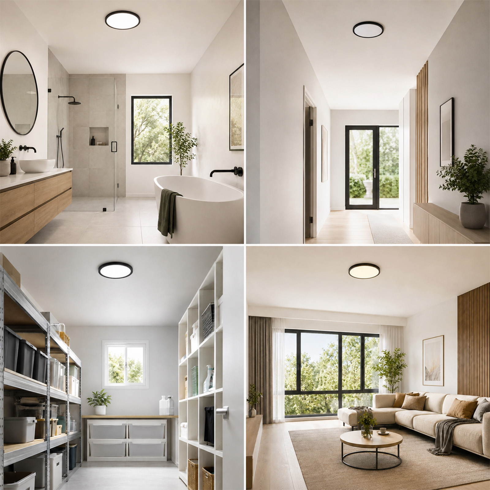 Cuatro imágenes muestran interiores luminosos y modernos con luces de techo redondas: un baño, pasillo, lavadero y sala.
