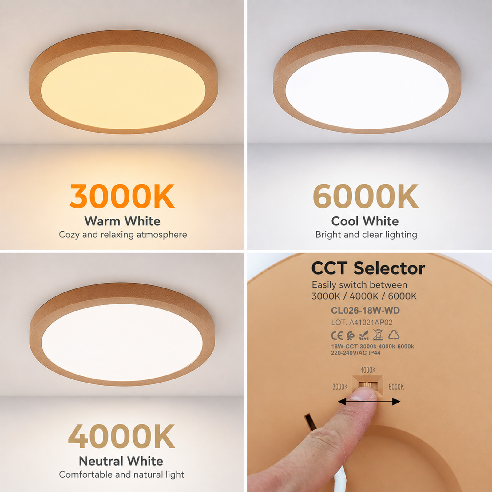 Lámpara de techo de madera con opciones de luz cálida, neutra y fría, y un selector CCT.