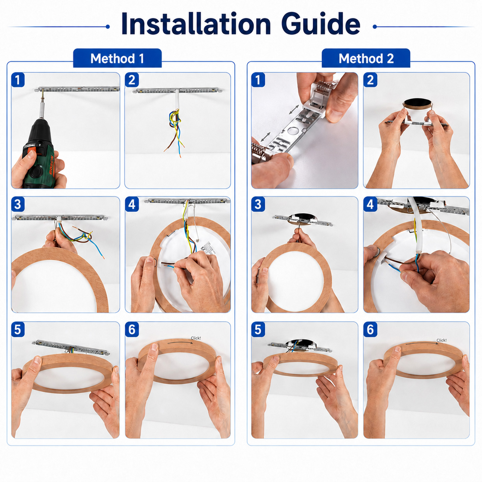 Diagrama de instrucciones que muestra dos métodos para instalar una lámpara de techo redonda de madera.