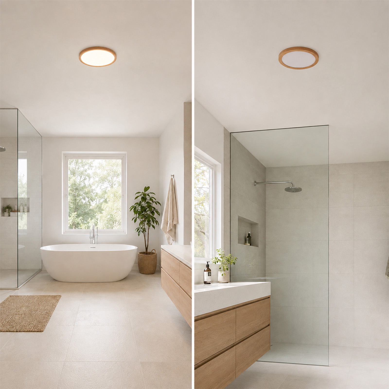 Un baño moderno y luminoso con bañera, ducha de vidrio, mueble de madera y luz de techo.