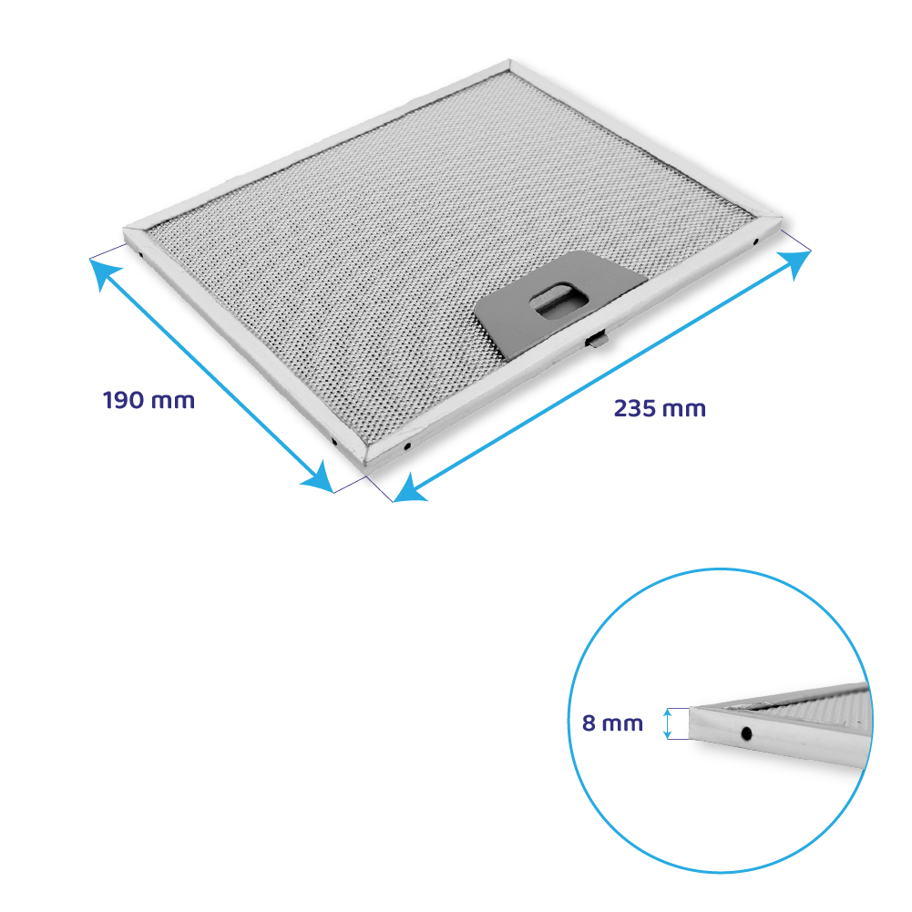 Metall-Dunstabzugshaubenfilter mit Maßen von 235x190x8 mm auf schwarzem Hintergrund.