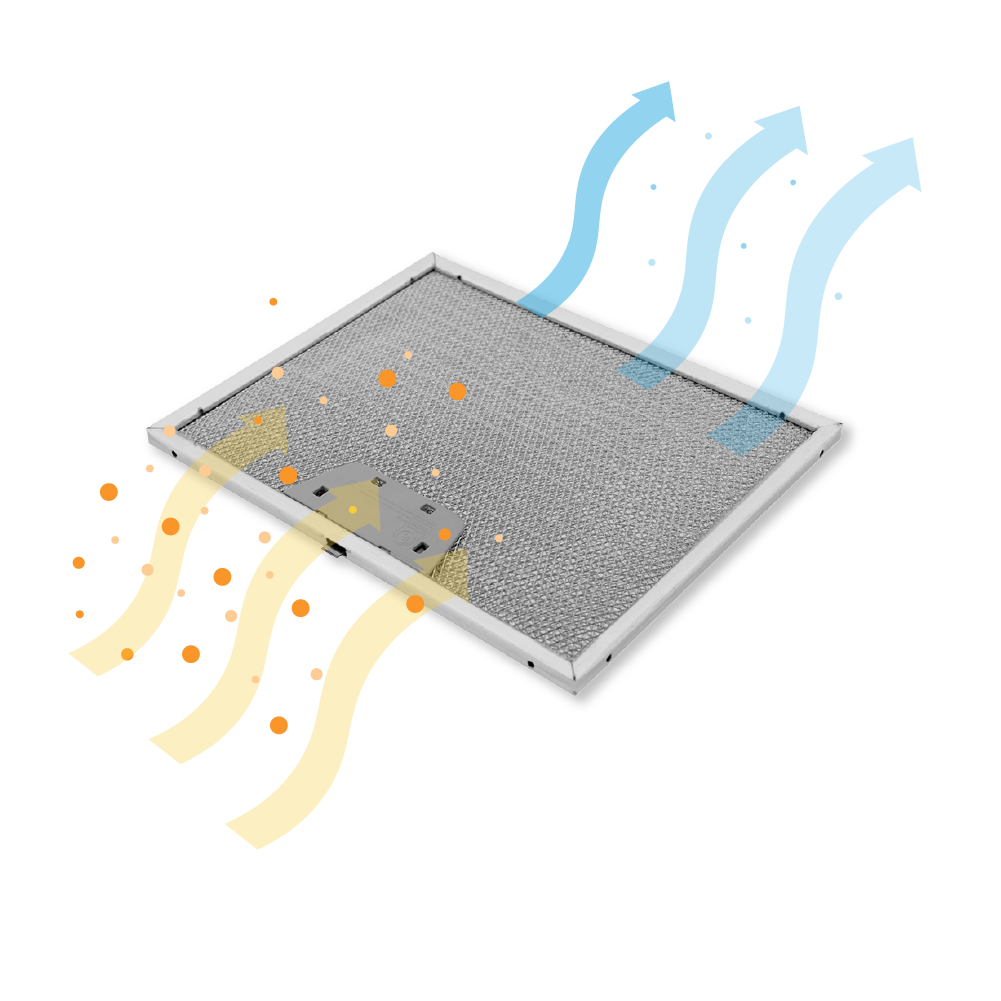 Ein Metallgitterfilter mit gelben Pfeilen für eintretende und blauen Pfeilen für austretende Luft auf schwarzem Grund.