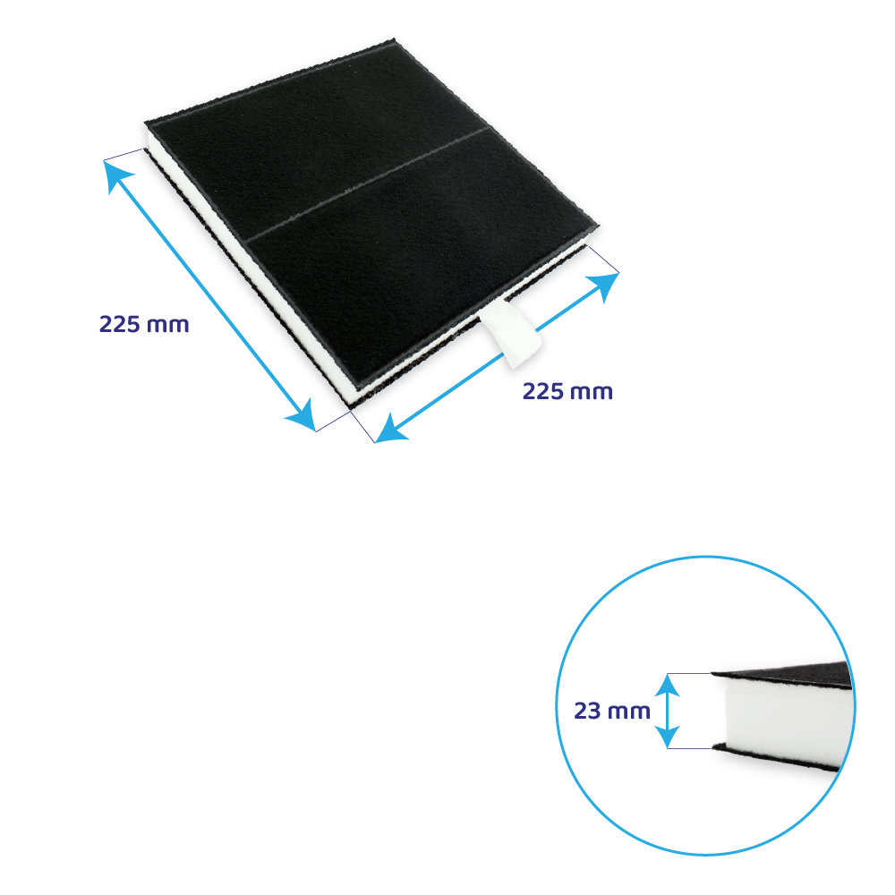 Quadratischer schwarzer Filter mit Maßen 225x225 mm und 23 mm Dicke.