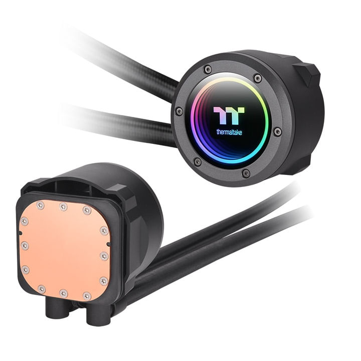 Refrigeración líquida Thermaltake negra con iluminación RGB y base de cobre.