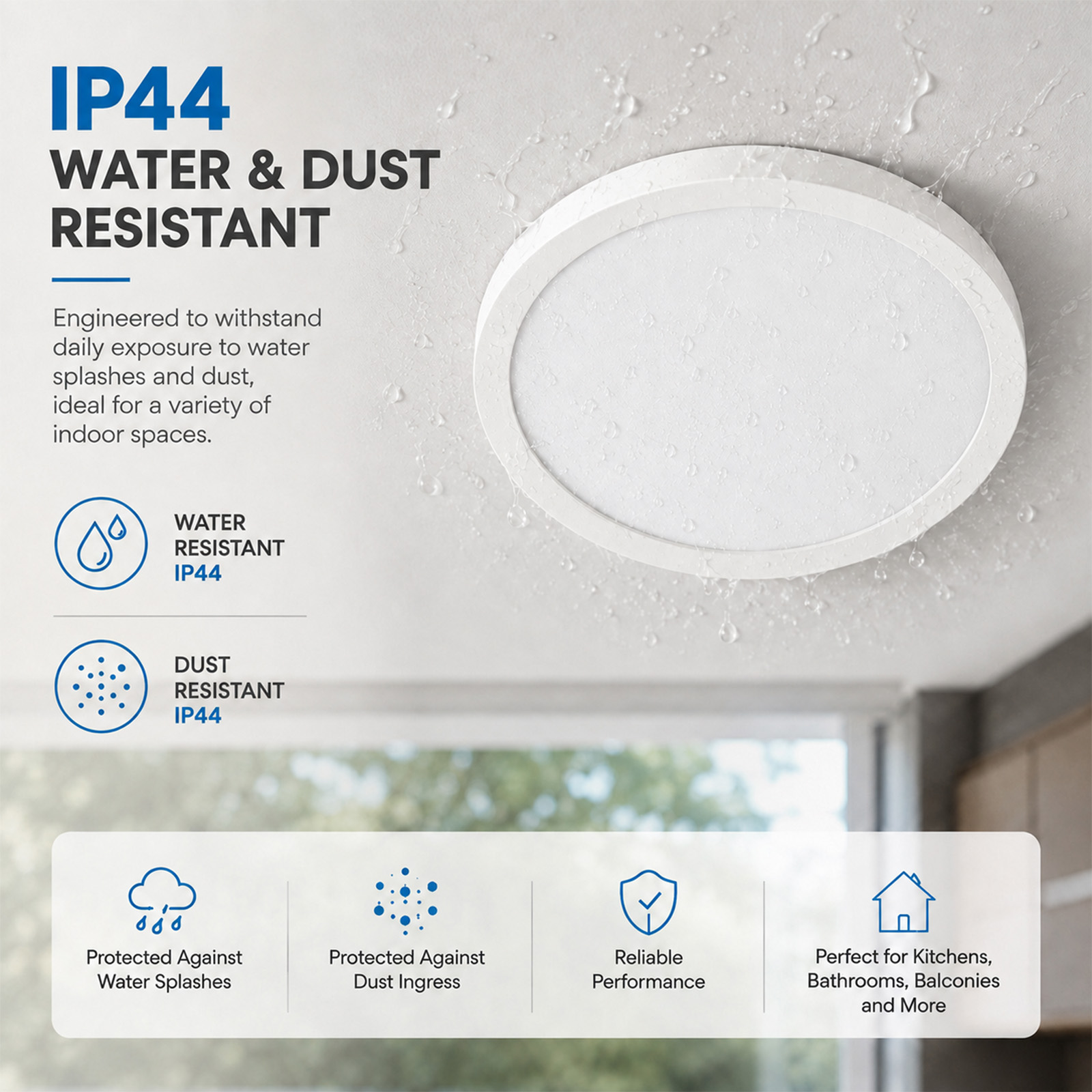 Luz de techo LED blanca resistente al agua y al polvo con gotas de agua en su superficie.