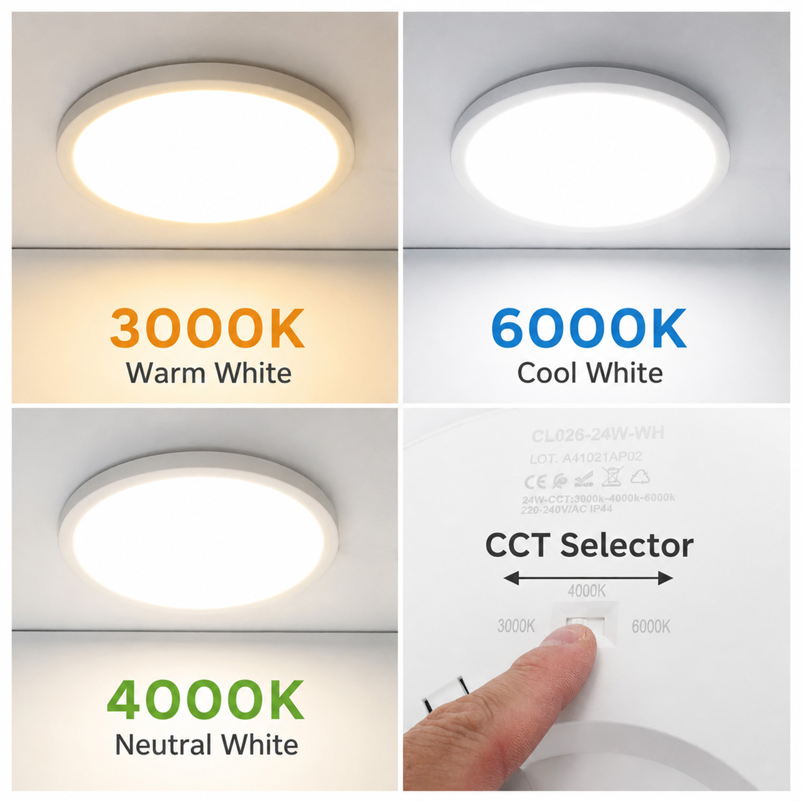 Cuatro imágenes muestran una luz LED de techo con blanco cálido, frío, neutro y un selector de temperatura de color CCT.