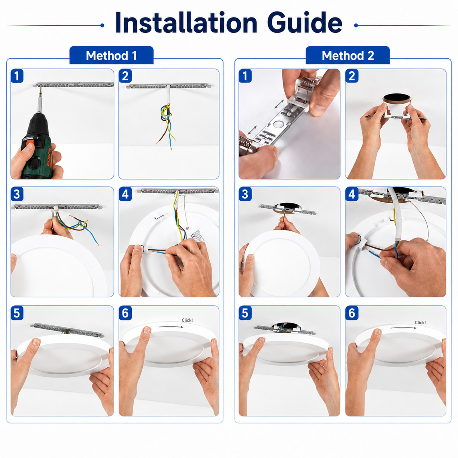Diagrama de instrucciones que muestra dos métodos para instalar una luz de techo LED redonda paso a paso.