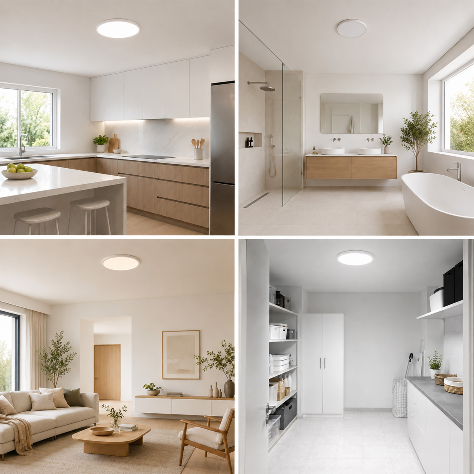 Cuatro imágenes muestran interiores luminosos y modernos con luces de techo redondas: cocina, baño, sala y lavandería.