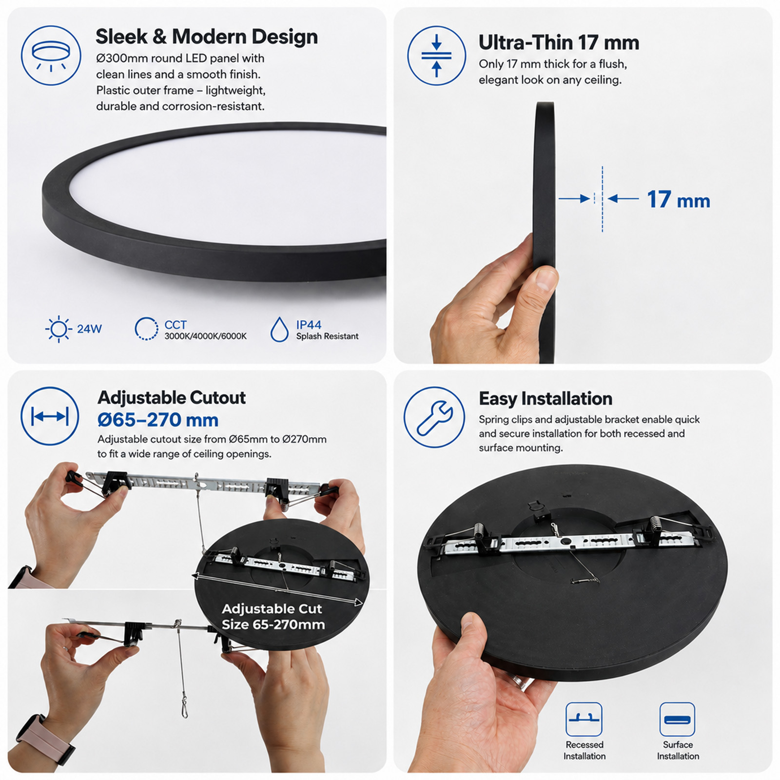 Cuatro paneles muestran características de una luz LED redonda negra, incluyendo dimensiones e instalación.