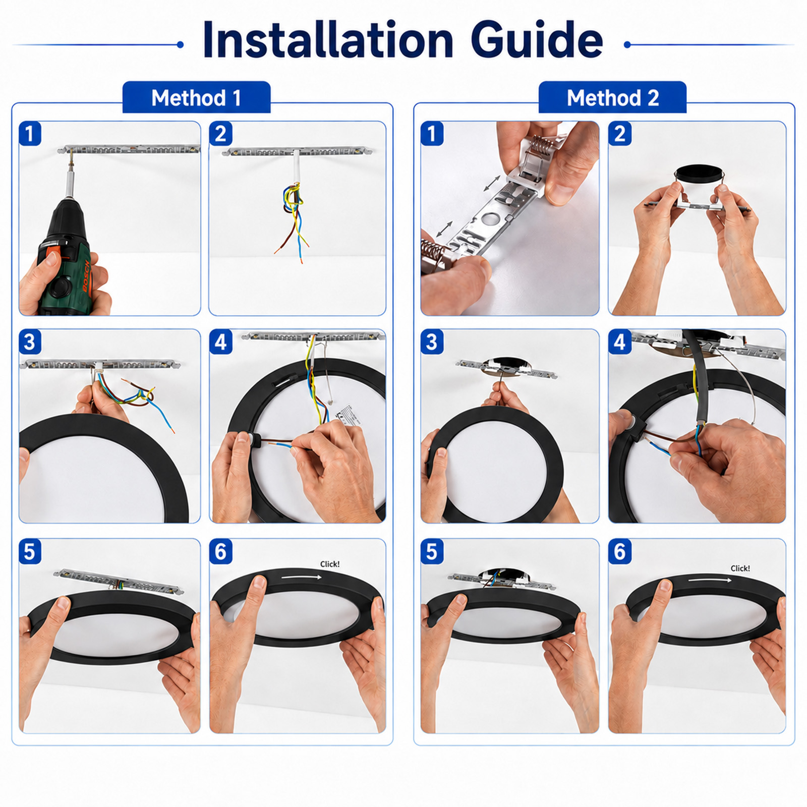Diagrama de guía de instalación que muestra dos métodos para montar una luz de techo.