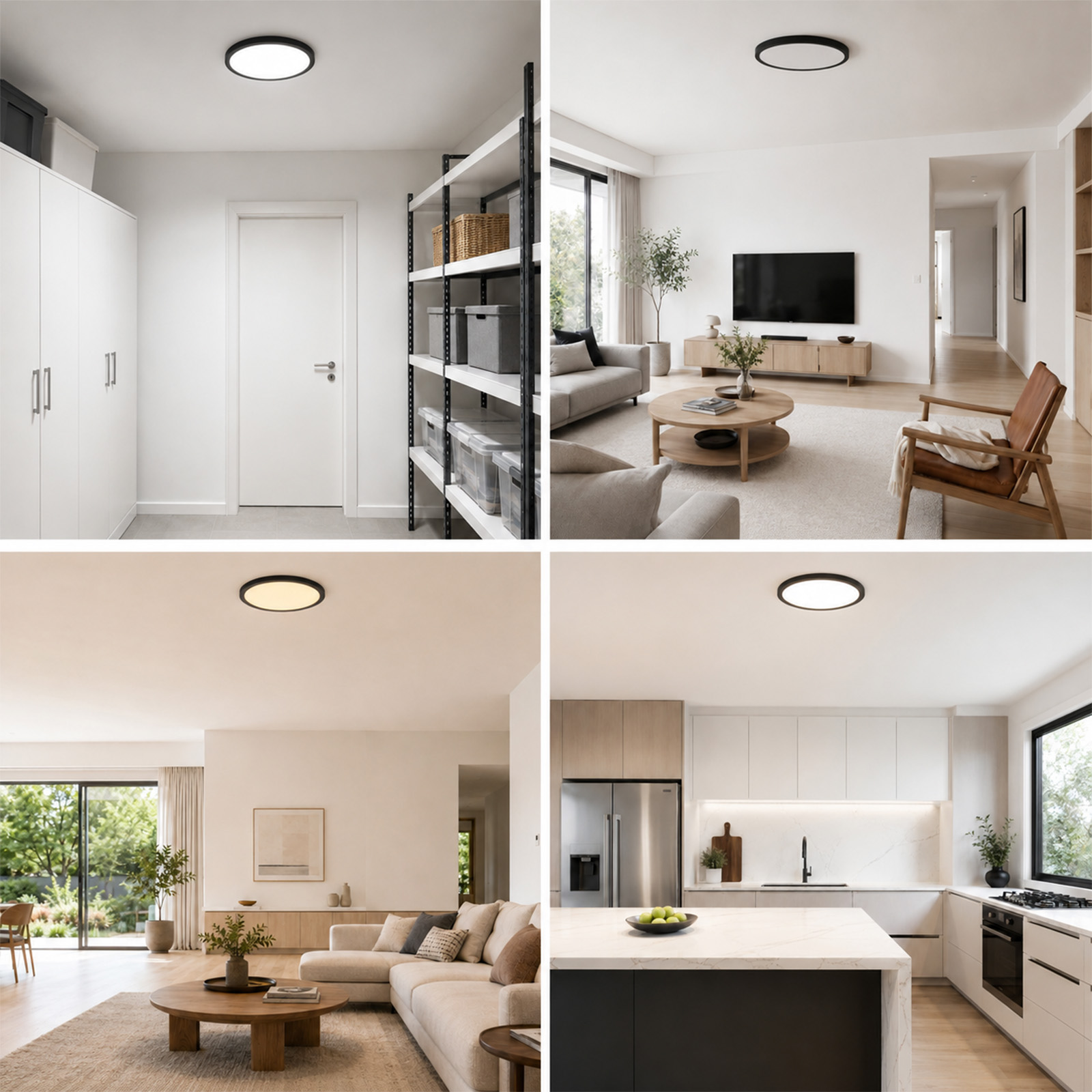 Lámpara de techo moderna instalada en varias estancias, como pasillo, sala y cocina luminosa.