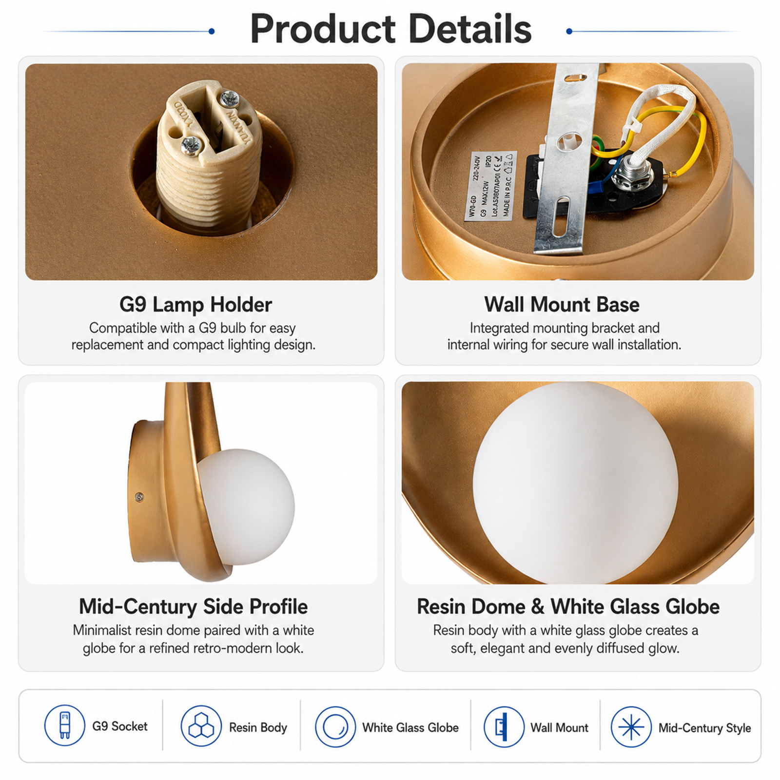 Detalles de producto de un aplique dorado con portalámparas G9, soporte de pared, perfil lateral y globo de vidrio.