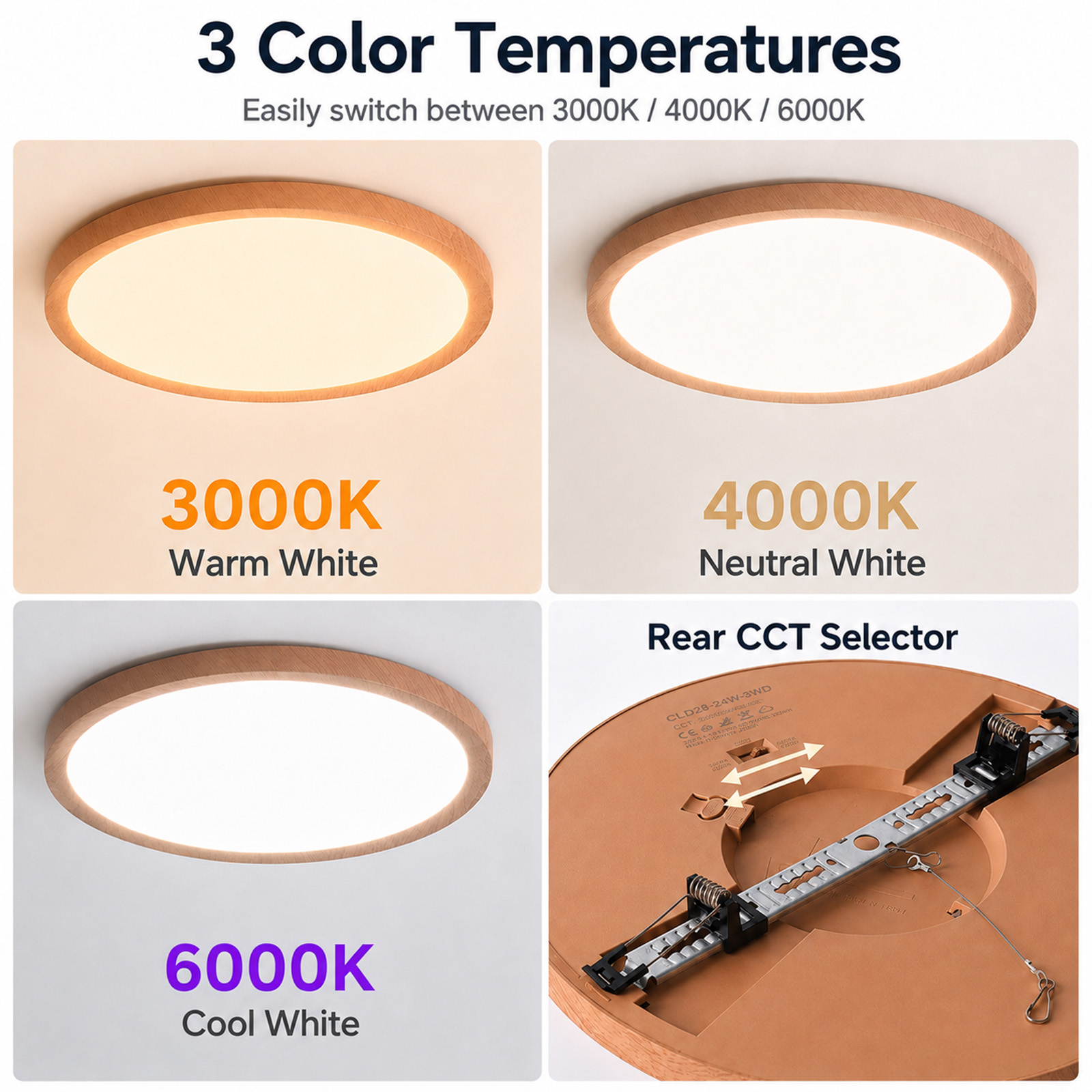 Lámpara de techo LED de madera muestra tres temperaturas de luz y el selector trasero.