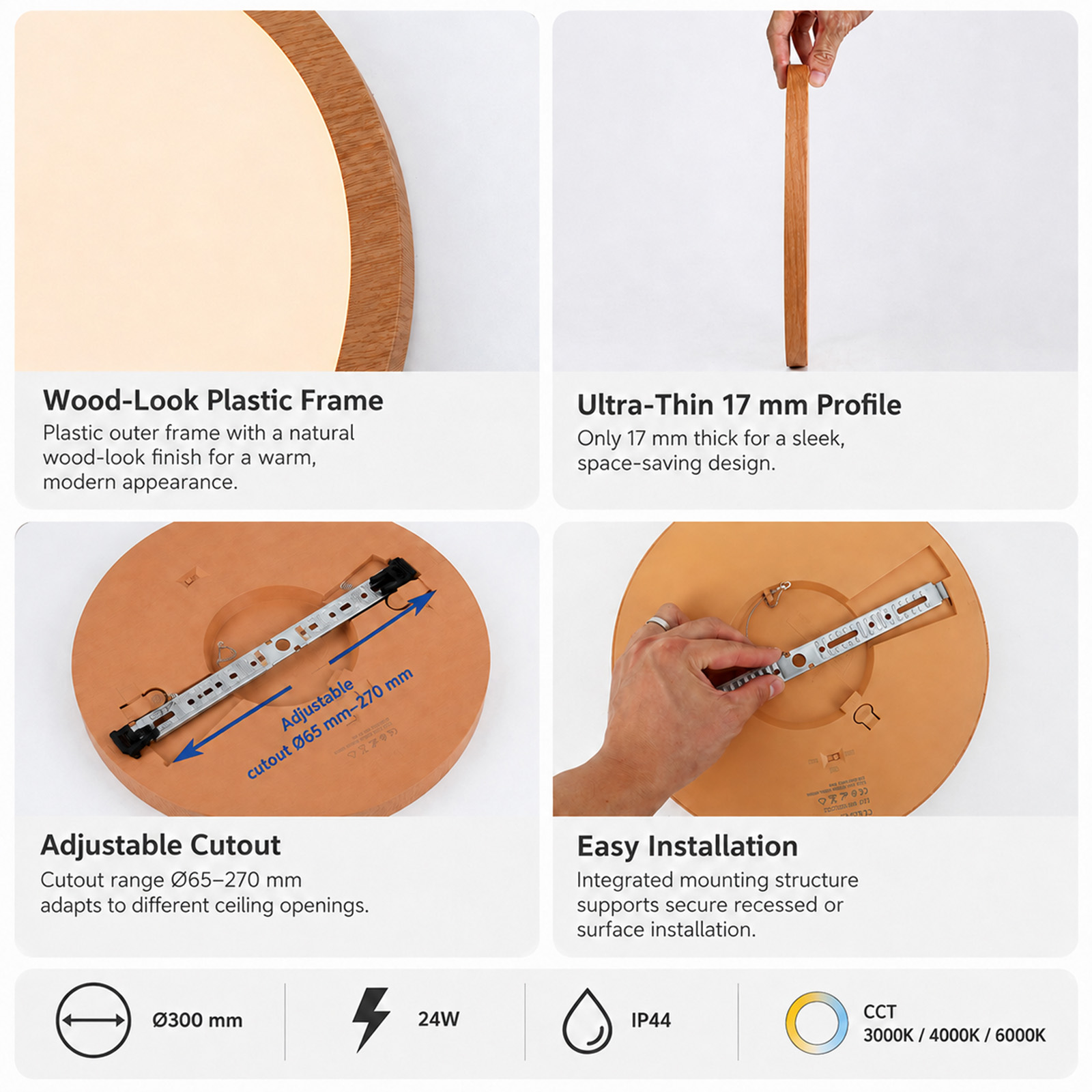 Lámpara de techo LED con aspecto de madera, perfil de 17 mm, soporte ajustable e iconos técnicos.