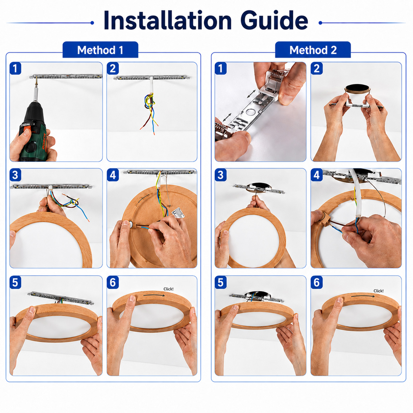 Guía de instalación con imágenes paso a paso que muestran dos métodos para montar una lámpara de pared de madera redonda.