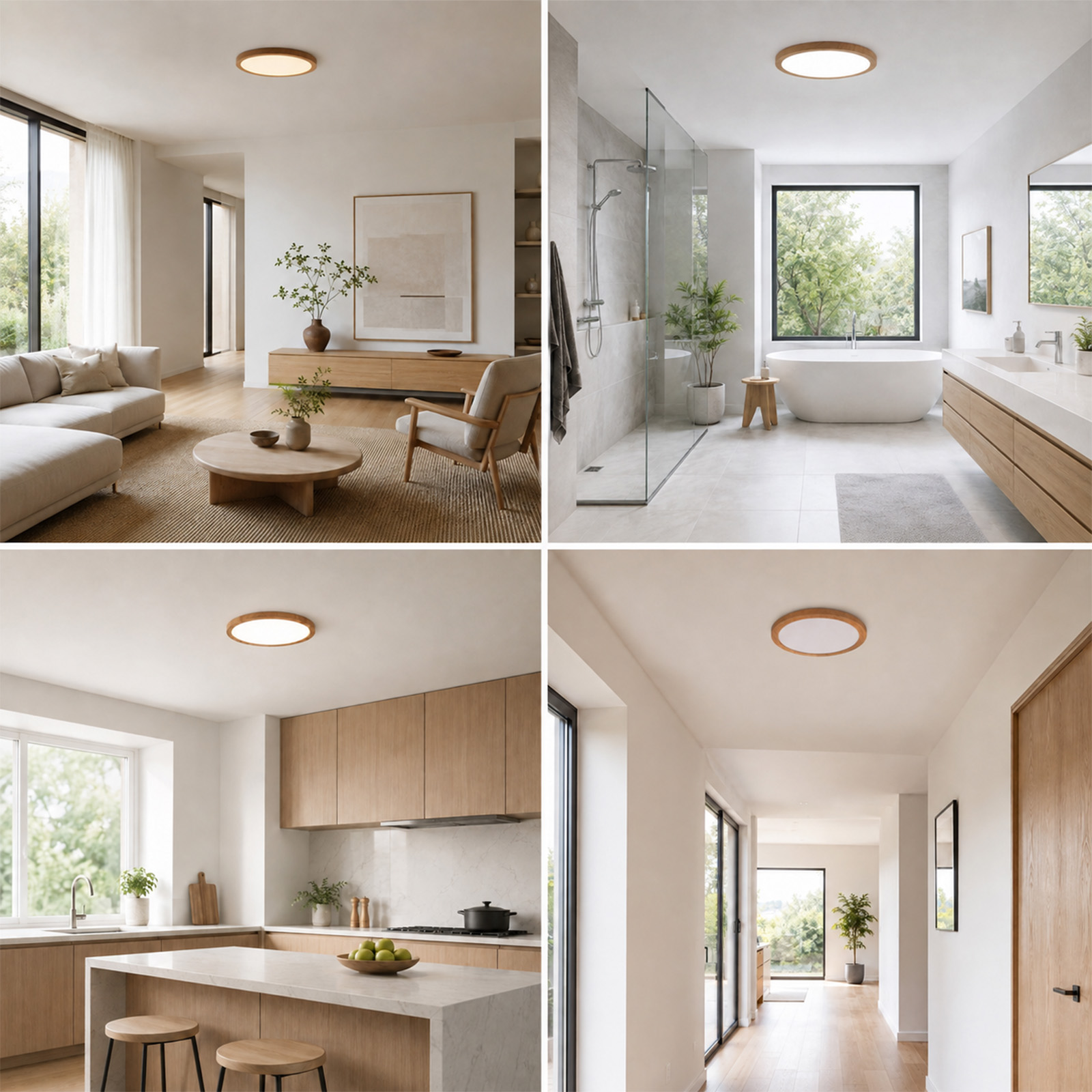 Un collage que muestra una sala moderna, un baño luminoso, una cocina limpia y un pasillo con una lámpara de techo.