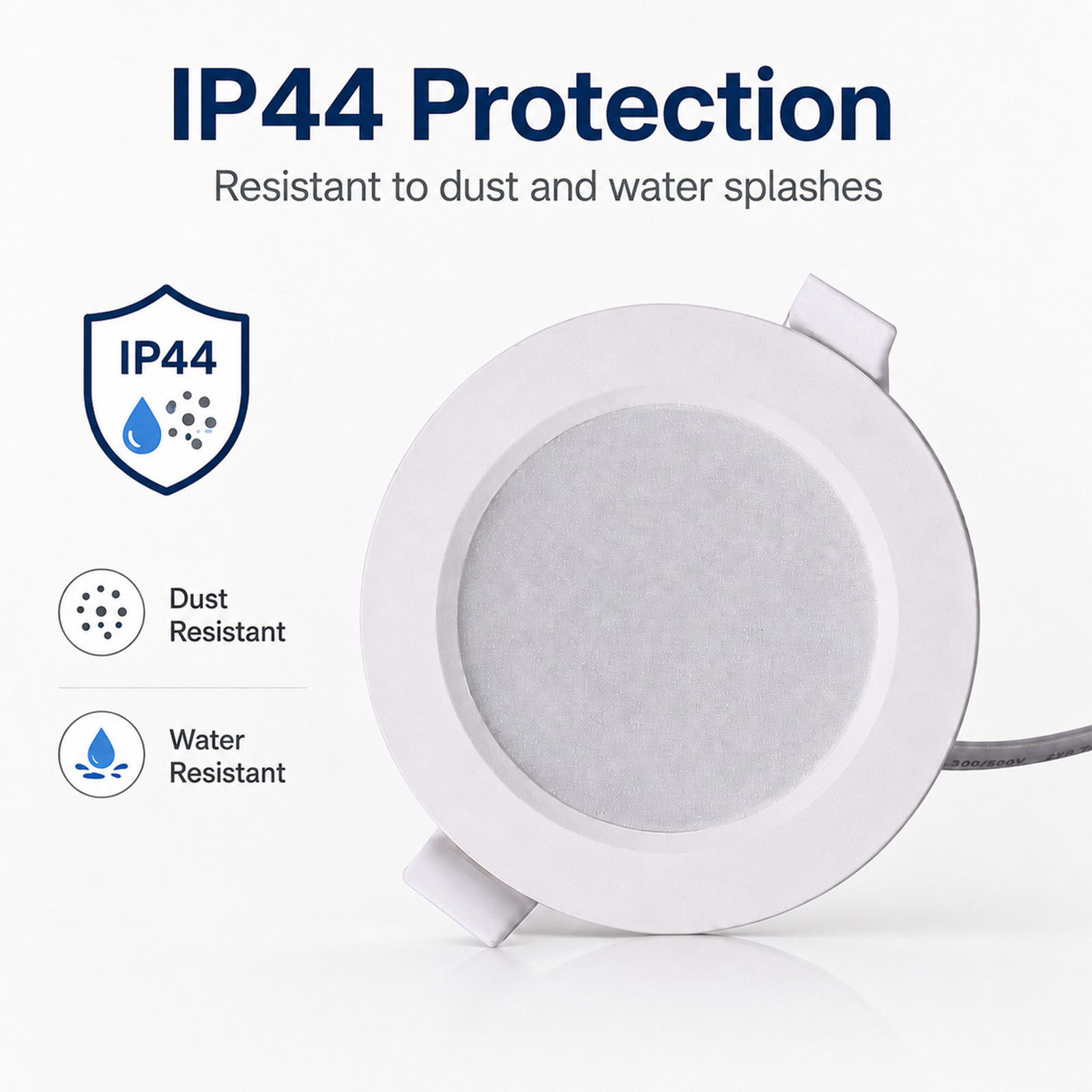 Foco LED empotrable blanco redondo con protección IP44 contra polvo y salpicaduras.