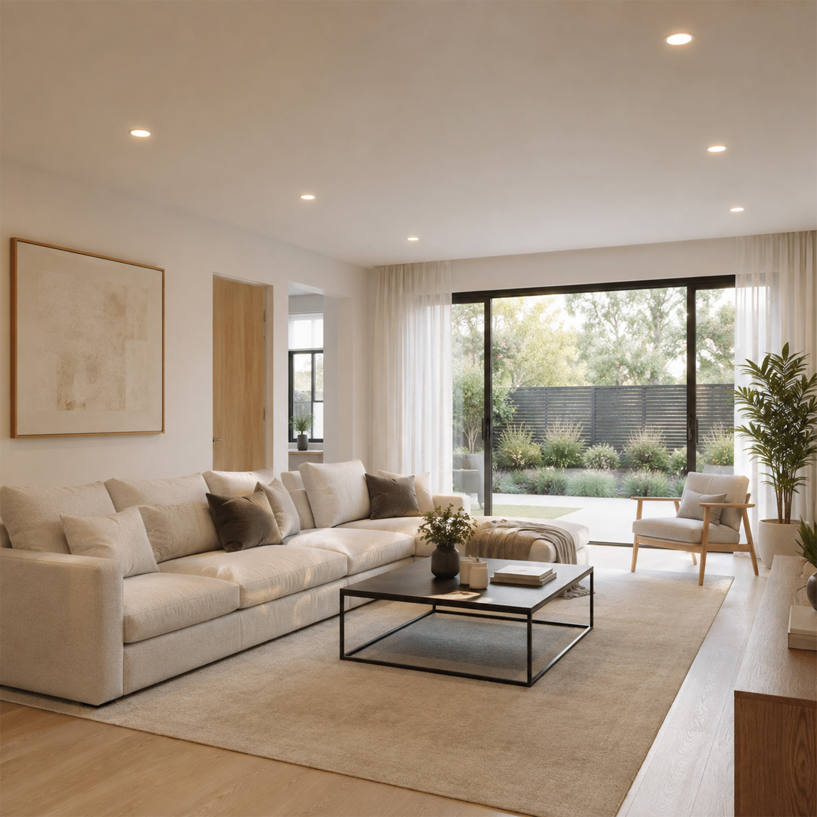Sala de estar luminosa y moderna con gran sofá blanco, mesa de centro negra y vista al jardín.
