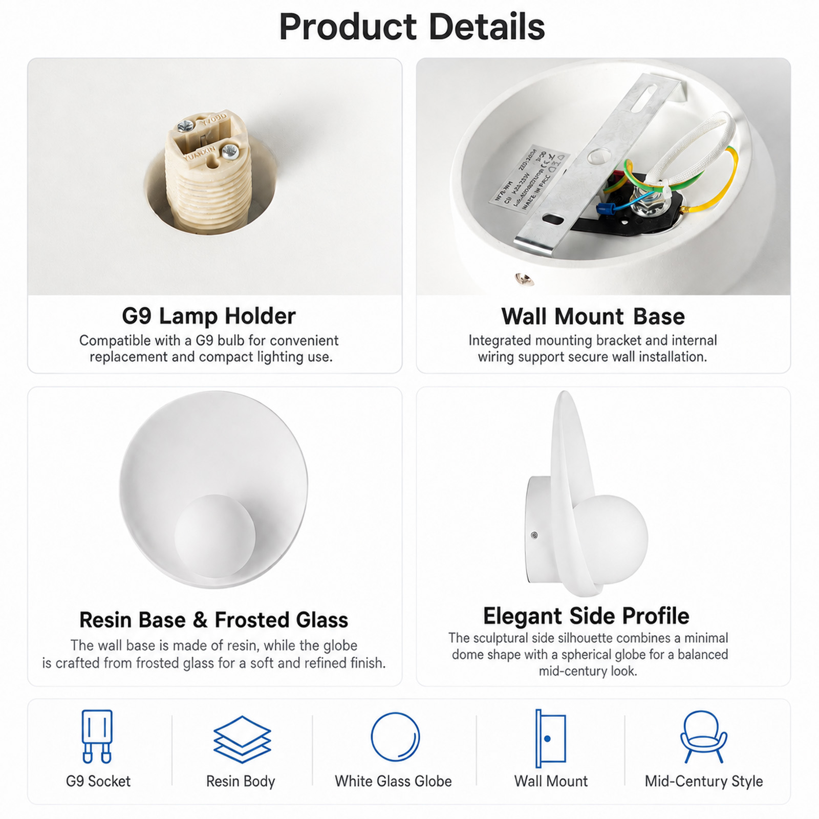 Detalles de un aplique de pared blanco con casquillo G9, base de resina y globo de vidrio esmerilado.