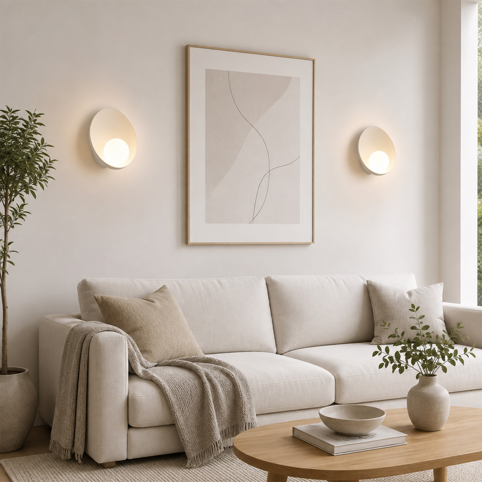Una sala de estar acogedora con un sofá claro, arte enmarcado y dos lámparas de pared redondas.