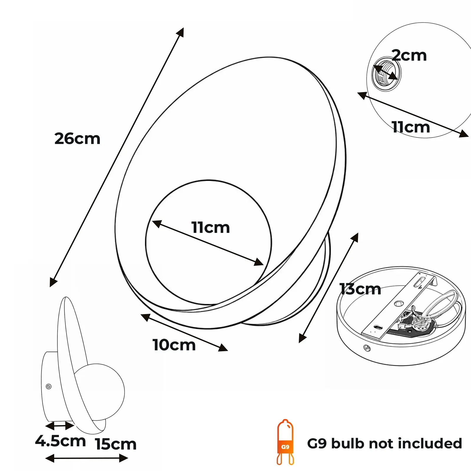 Dibujo técnico de una lámpara de pared redonda con dimensiones, vista lateral e icono de bombilla G9.
