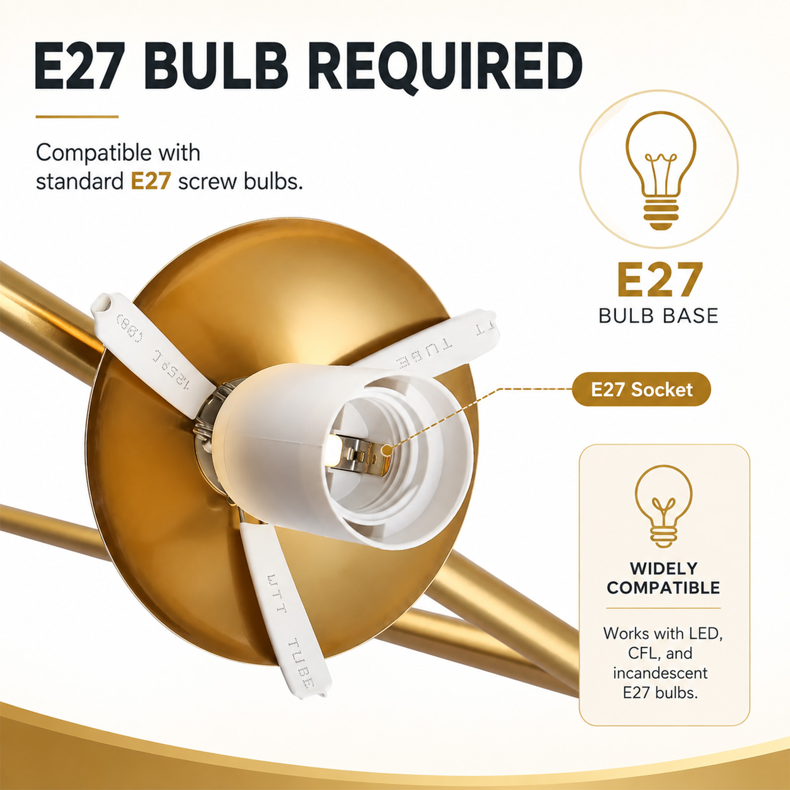 Bombilla E27 requerida. Infografía muestra lámpara de techo de latón con casquillo E27.