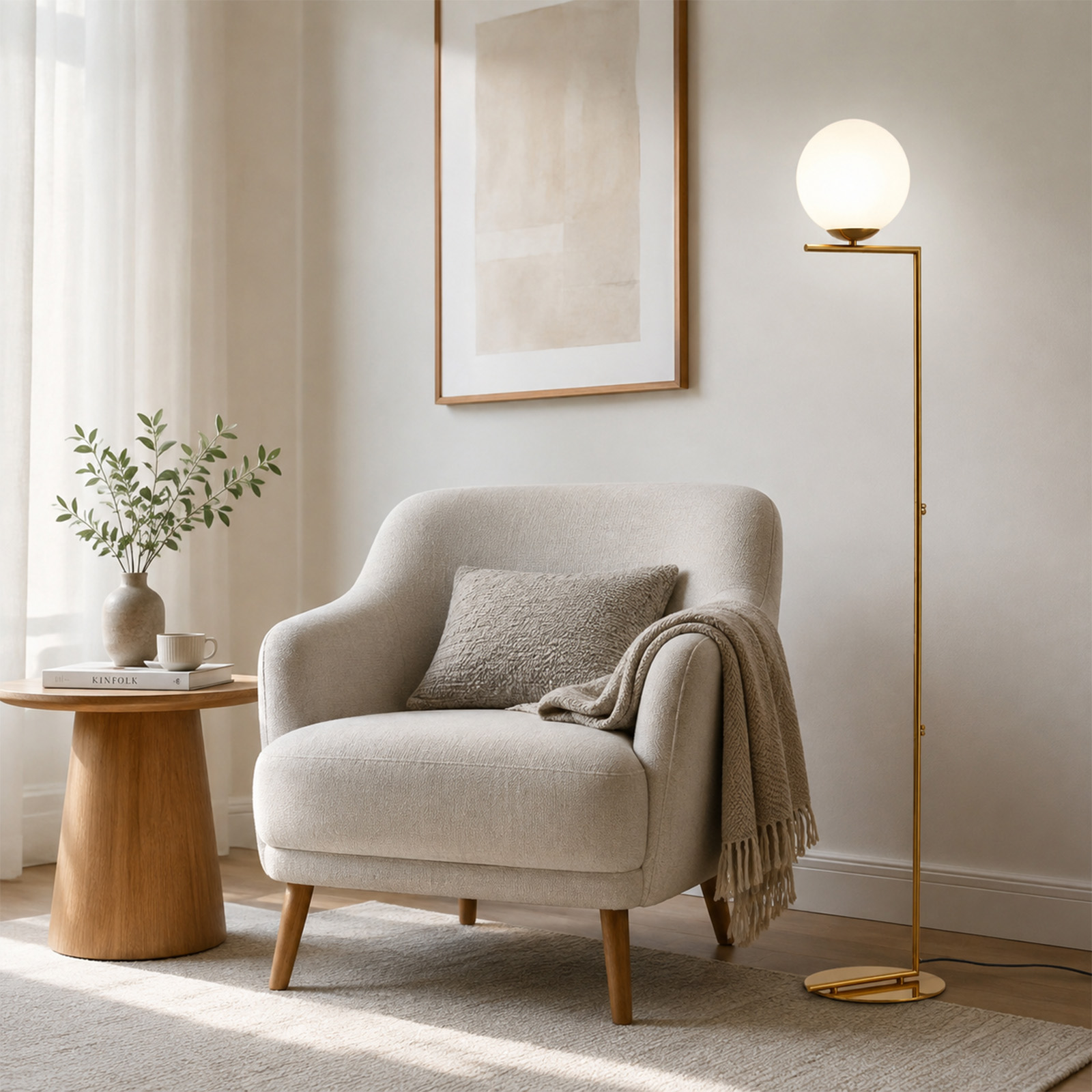 Sillón beige con cojín, mesa auxiliar de madera con jarrón y lámpara de pie dorada.