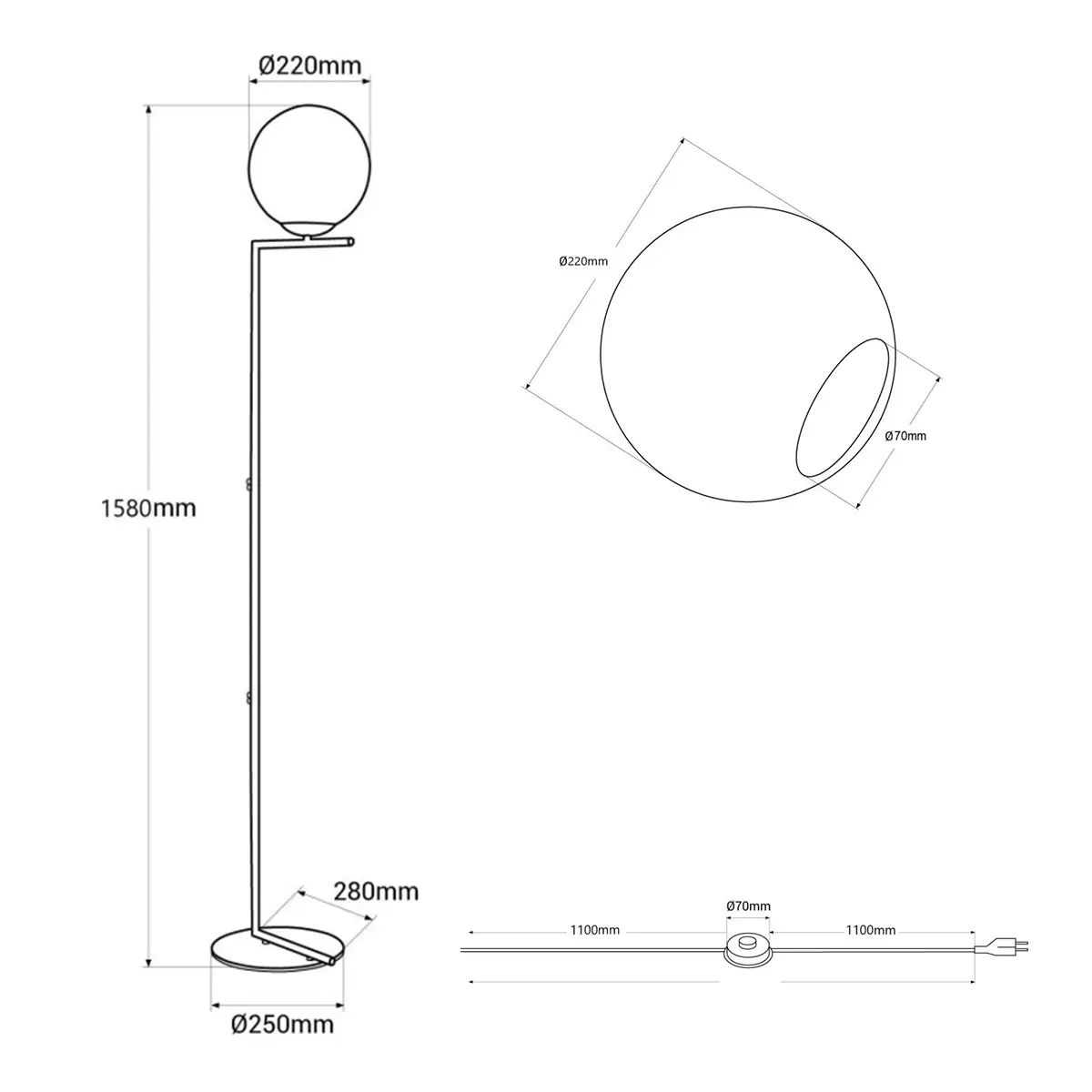 Dibujo técnico de una lámpara de pie con dimensiones y detalles circulares.
