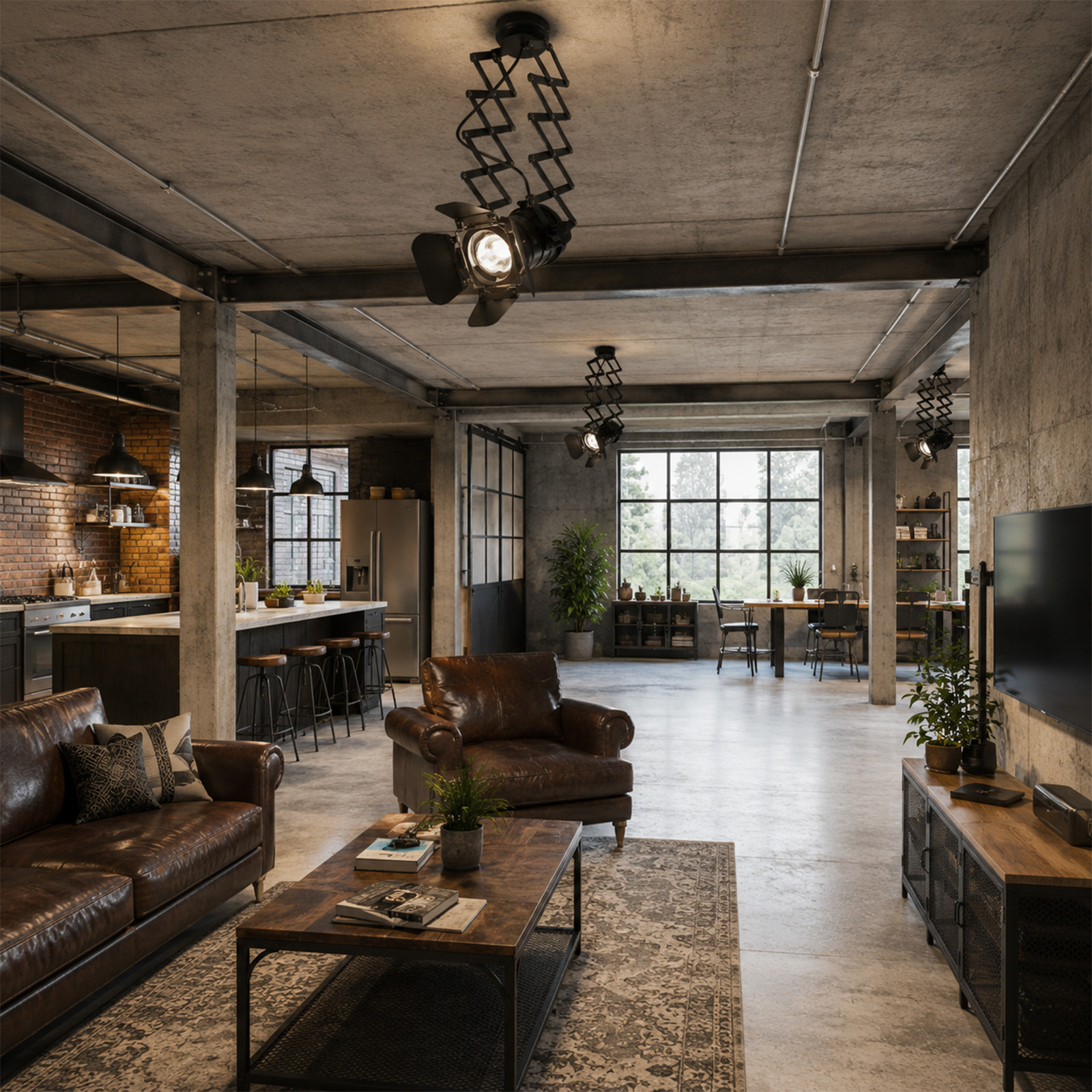 Interior de loft industrial con paredes de hormigón, sofás de cuero marrón y cocina abierta.