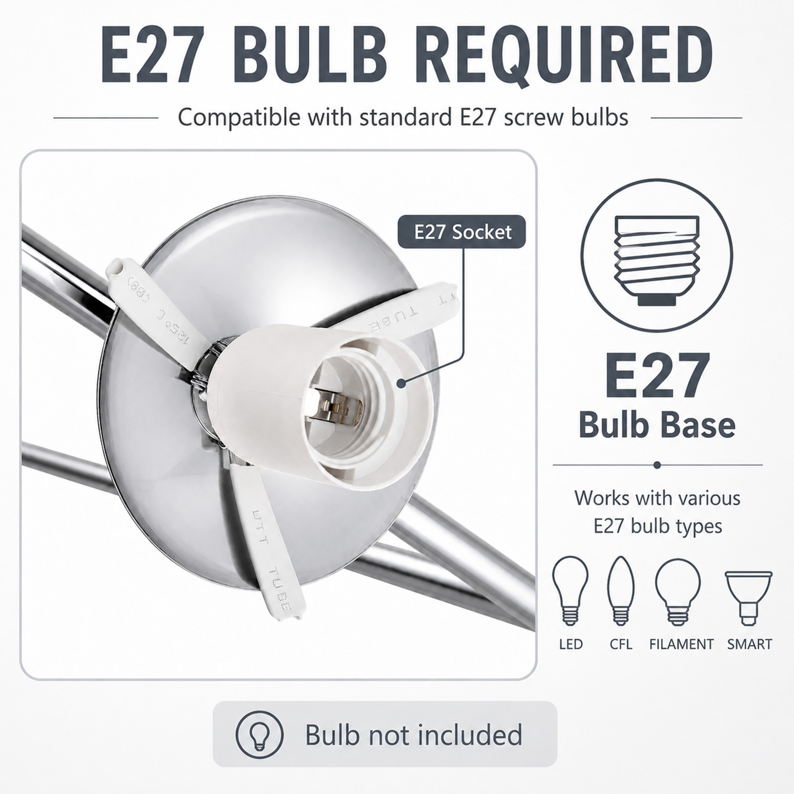 El diagrama muestra un casquillo E27 y bombillas LED, CFL, de filamento e inteligentes compatibles. Bombilla no incluida.