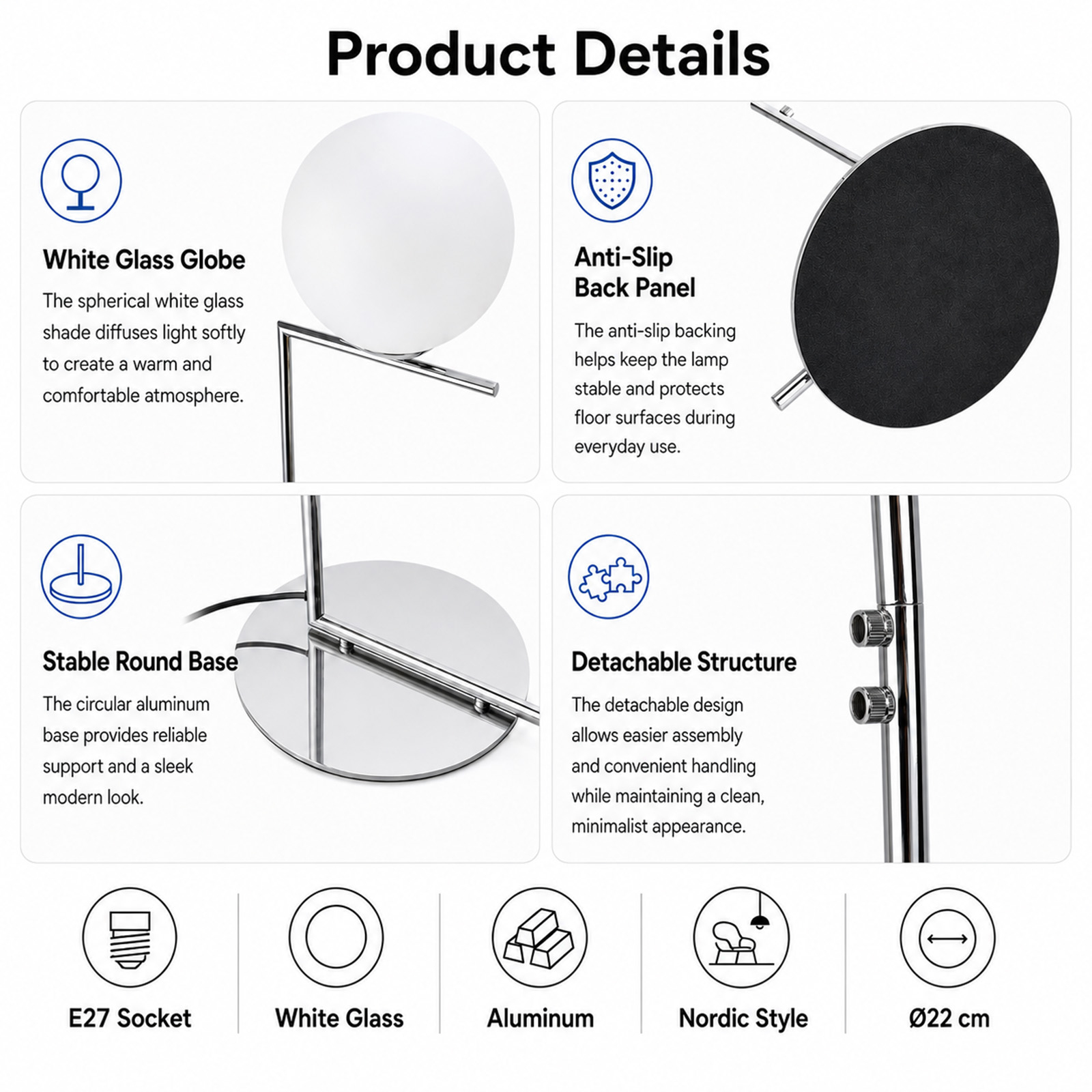 Infografía de detalles del producto con características de una lámpara moderna como globo de vidrio blanco, base y estructura.
