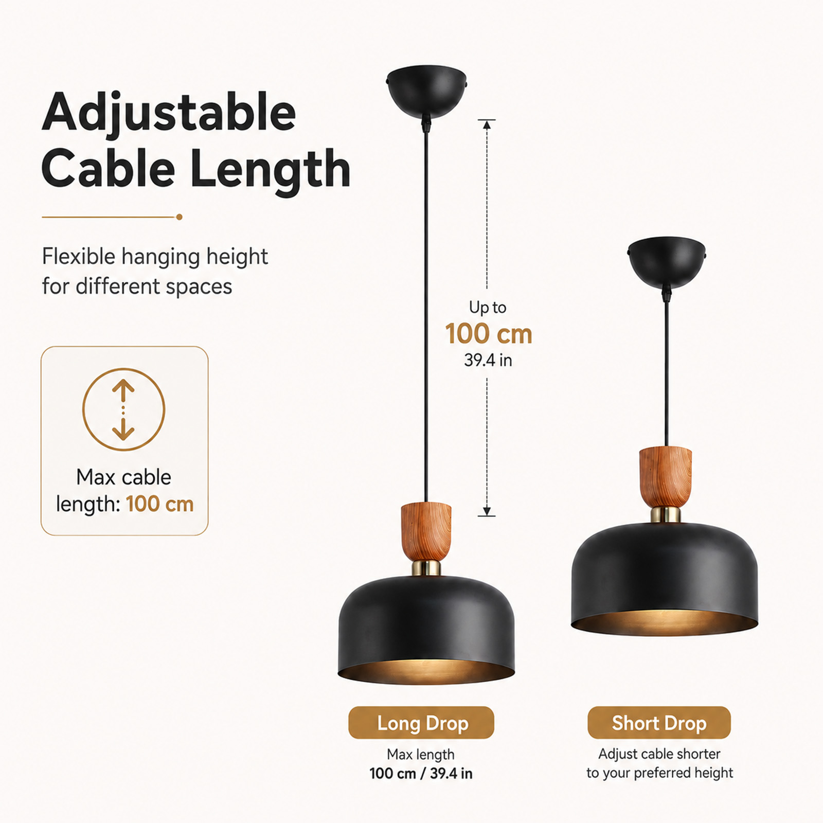Diagrama que muestra la longitud del cable ajustable para lámpara colgante, con ejemplos de caída.