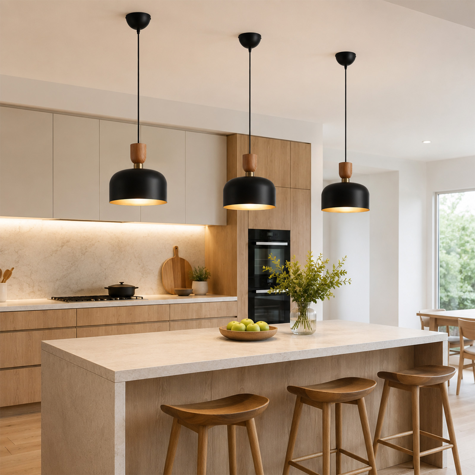 Tres lámparas colgantes negras sobre una isla de cocina moderna con taburetes de madera y un bol de fruta.