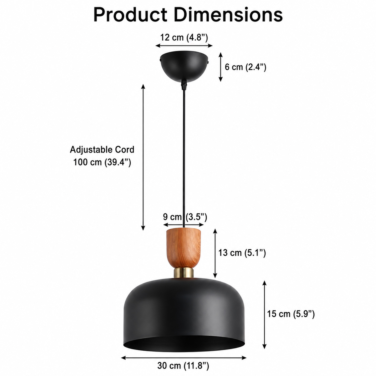 Dibujo técnico de las dimensiones del producto de una lámpara colgante negra con detalle de madera.