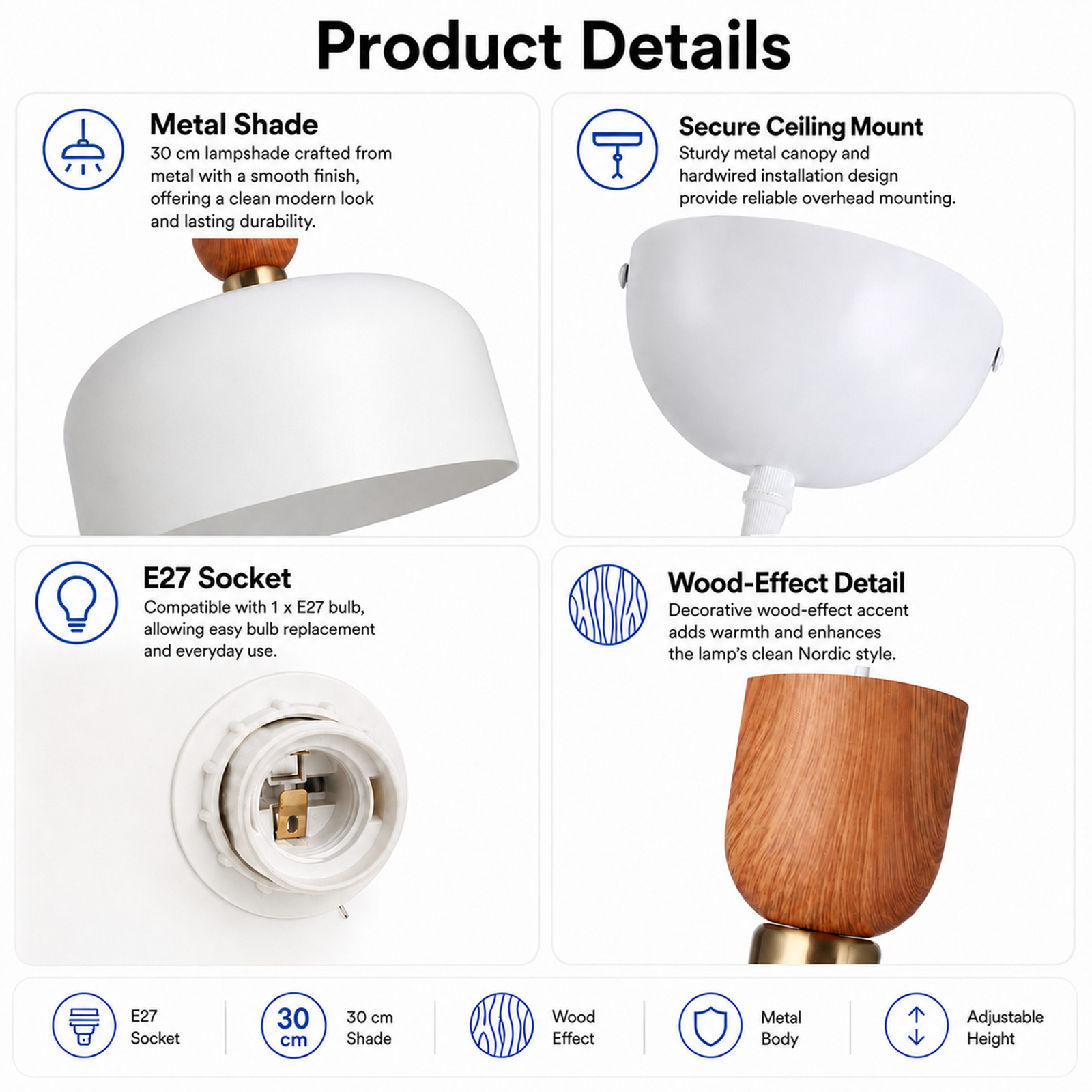 Detalles del producto de una lámpara de techo blanca con pantalla metálica, casquillo E27 y detalle de madera.