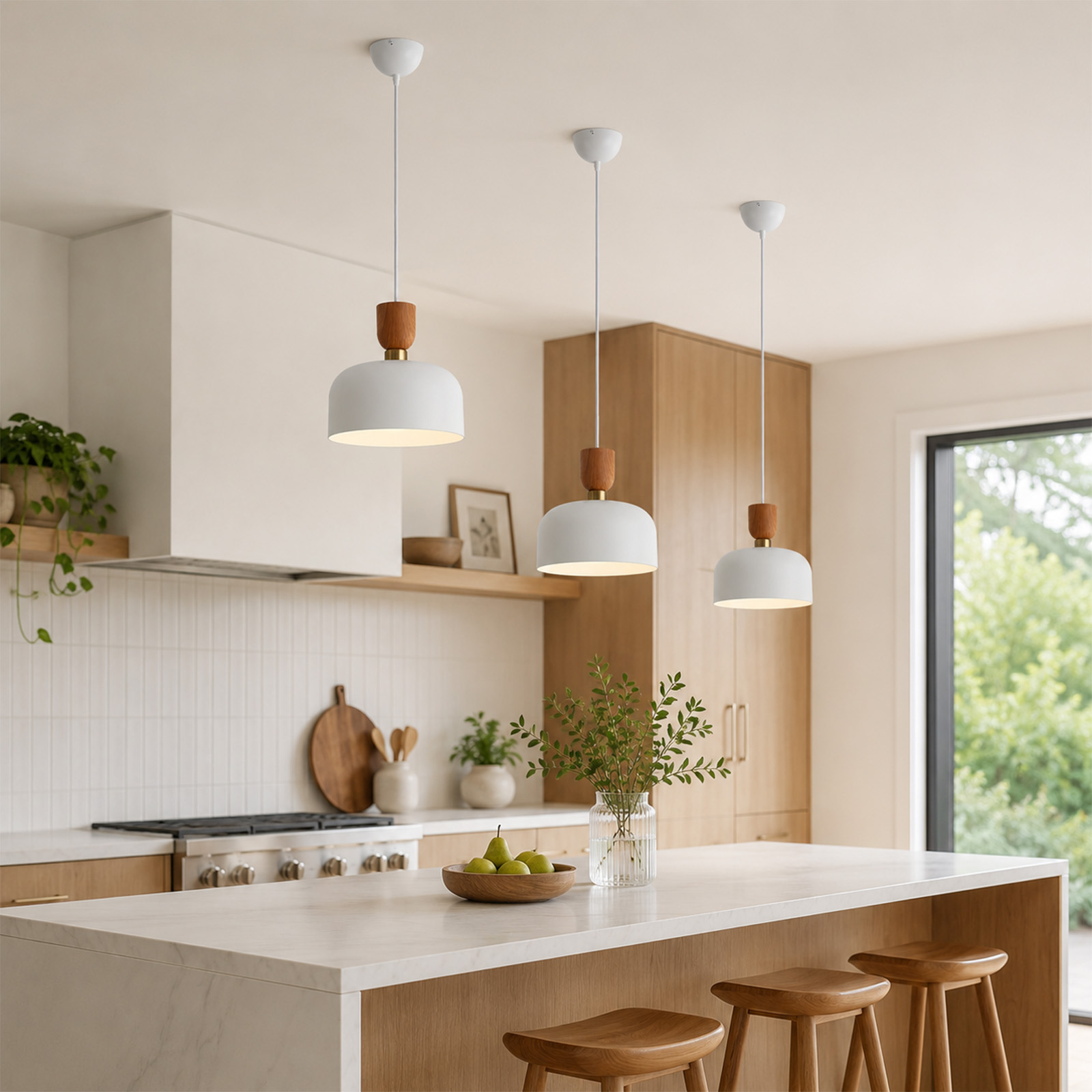 Cocina moderna con detalles de madera, isla blanca y tres lámparas colgantes con detalles de madera.