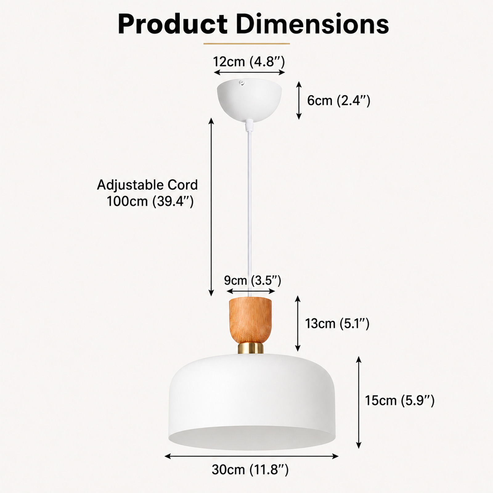 Gráfico de dimensiones del producto que muestra una lámpara colgante blanca y de madera.