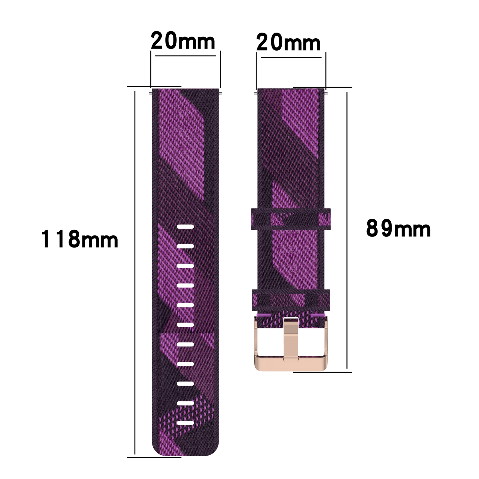 Diagramm von zwei Teilen eines lila gemusterten Uhrenarmbands mit Maßen in Millimetern.