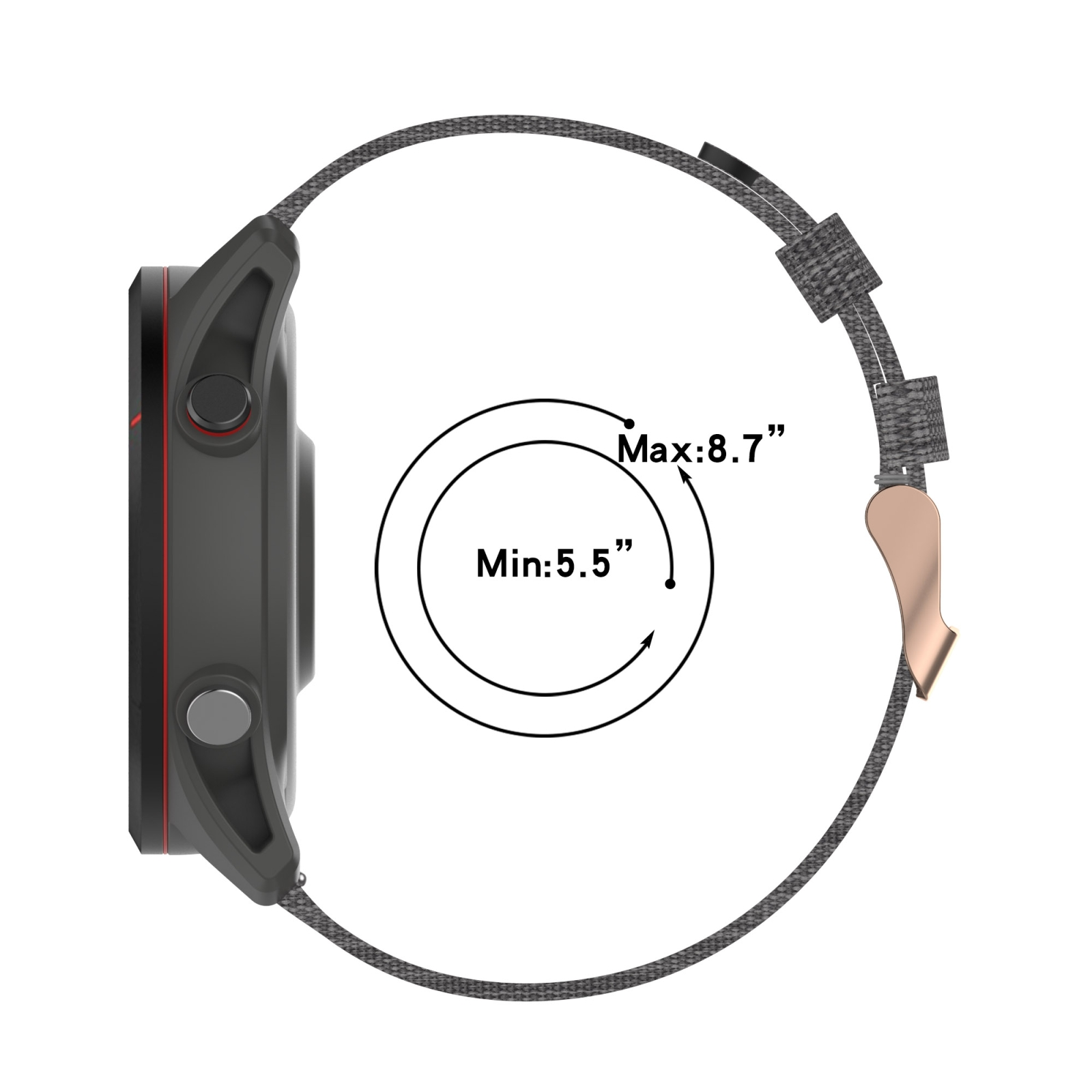 Seitenansicht einer schwarzen Smartwatch mit grauem Stoffarmband und Größenangaben von Min:5.5" bis Max:8.7".