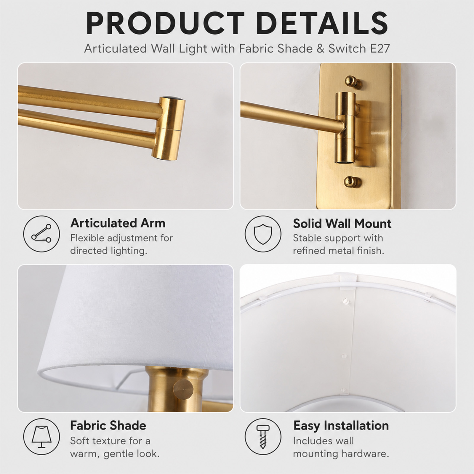 Detalles de producto de un aplique dorado con brazo articulado, soporte de pared, pantalla de tela y fácil instalación.