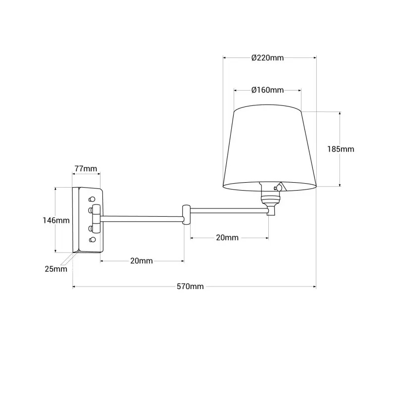 Dibujo técnico de una lámpara de pared con brazo articulado y medidas en milímetros.