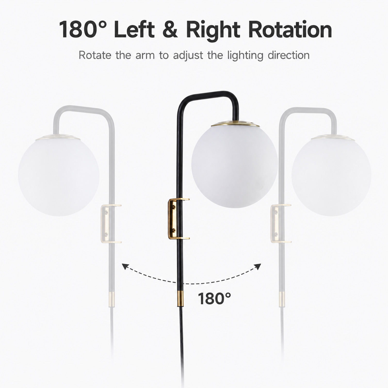 Lámpara de pared con brazo negro y pantalla de globo blanco, giratoria 180 grados.