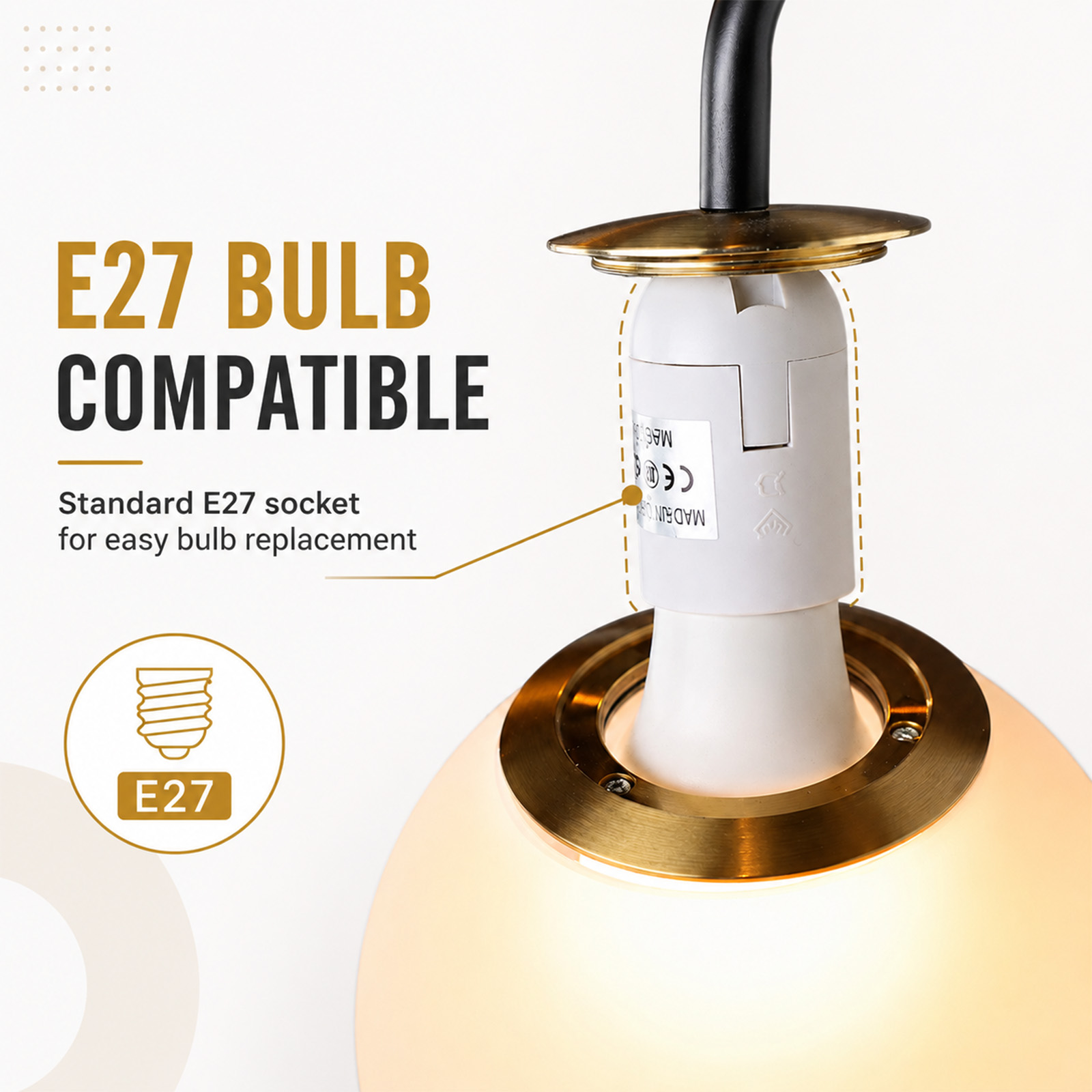 Compatibilidad con bombilla E27 mostrando un portalámparas blanco con soporte dorado y globo de vidrio.