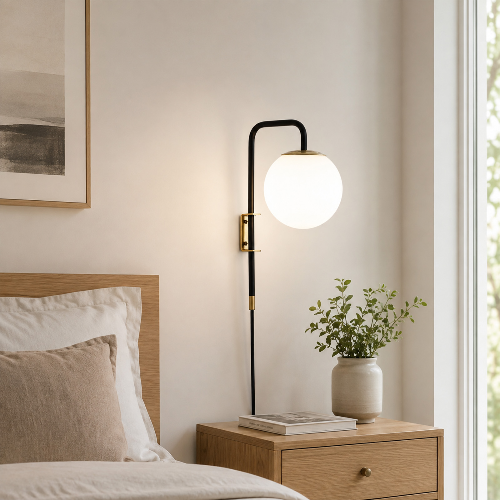 Un aplique de pared negro y dorado sobre una mesita de noche de madera.