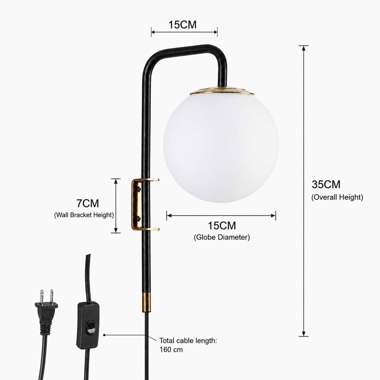 Diagrama técnico de una lámpara de pared moderna con globo blanco, detalles en negro y oro, y medidas.