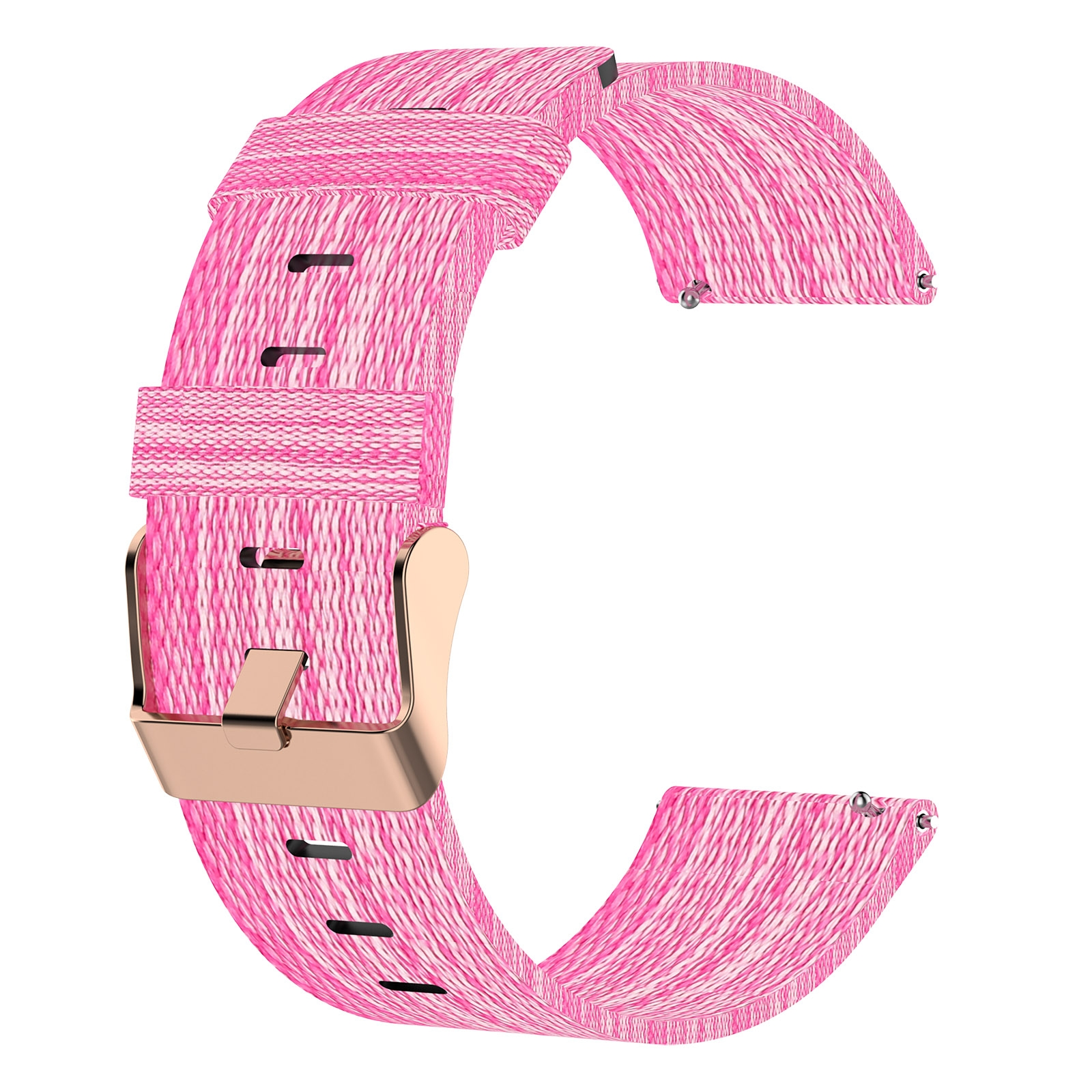 Ein pinkes geflochtenes Uhrenarmband mit einer roségoldenen Schließe auf weiβem Grund.